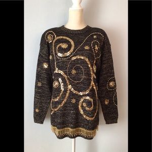 Vintage Statements By Pronto Sweater Metallic Gold Sequins Beads